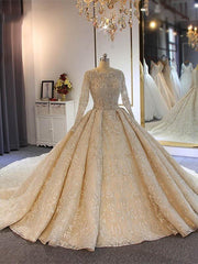 Wedding Dresses Uk, Luxury Long Ball Gown Lace Beading Wedding Dresses with Sleeves
