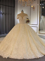 Wedding Dress Shape, Luxury Long Ball Gown Off-the-Shoulder Lace Tulle Wedding Dresses with Beading