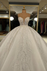 Wedding Dress With Sleeves Lace, Luxury Long Ball Gown Sweetheart Glitter Wedding Dress