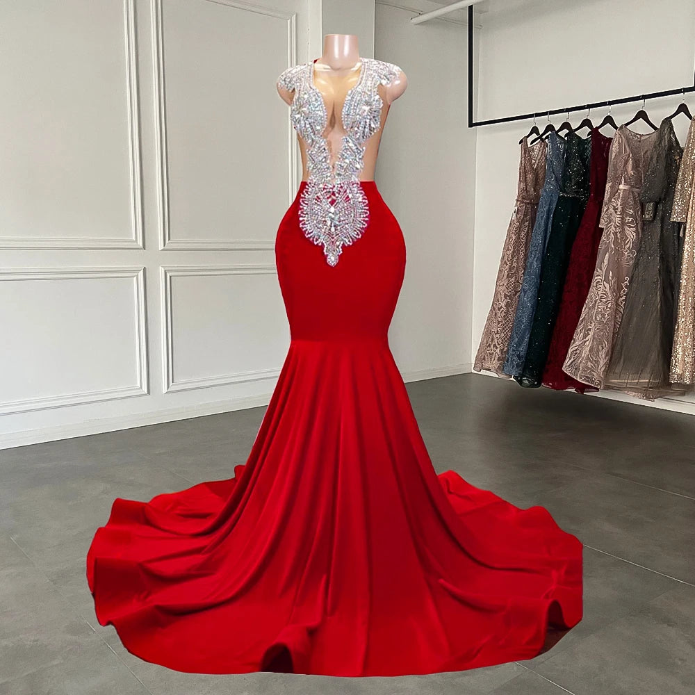 Bridesmaids Dresses Colors, Luxury Sparkly Silver Handmade Diamond Red Spandex Black Girl Mermaid Long Prom Dresses