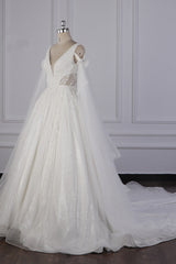 Wedding Dresses Spring, Luxury V-Neck Beadings Wedding Dress Tulle Sleeveless Sequined Bridal Gowns