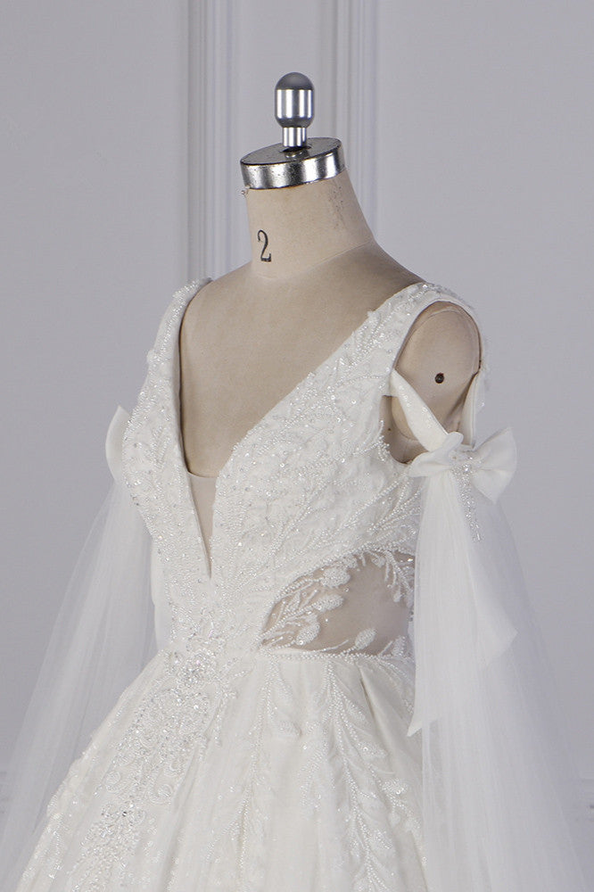 Wedding Dress Outlets, Luxury V-Neck Beadings Wedding Dress Tulle Sleeveless Sequined Bridal Gowns