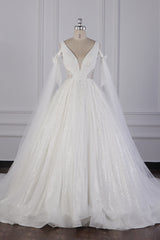 Wedding Dress Spring, Luxury V-Neck Beadings Wedding Dress Tulle Sleeveless Sequined Bridal Gowns