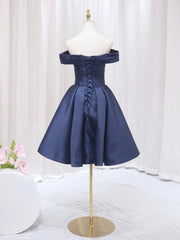 Club Dress, Blue V-neckline Satin Off Shoulder Party Dress, A-Line Blue Short Evening Prom Dress
