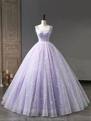 Prom Dresses Long Beautiful, Light Purple Tulle Straps Long Prom Dress, Purple A-Line Princess Dress