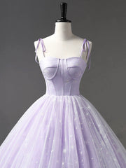 Prom Dress Long Beautiful, Light Purple Tulle Straps Long Prom Dress, Purple A-Line Princess Dress