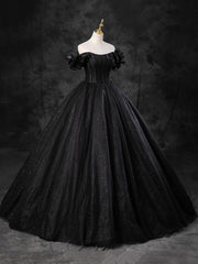 Prom Dresses Red, Black Sparkly Tulle Off the Shoulder Long Formal Dress, Elegant A-Line Black Evening Party Dress