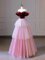 Party Dresses Teen, Burgundy Velvet and Layers Tulle Long Prom Dress, Off the Shoulder A-Line Evening Party Dress