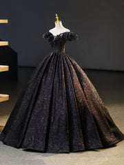 Homecoming Dresses Floral, Black V-Neck Floor Length Formal Dress, A-Line Off the Shoulder Evening Party Dress