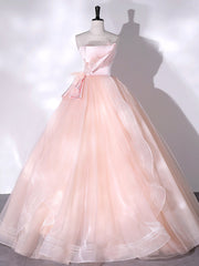 Prom Dresses Elegant, Pink Strapless Tulle Long Formal Dress, Pink A-line Prom Dress with Feathers