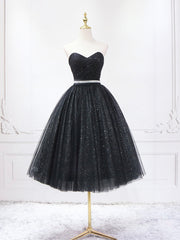 Prom Dresses Long Sleeves, Black Shiny Tulle Tea Length Prom Dress, Black Strapless A-Line Party Dress
