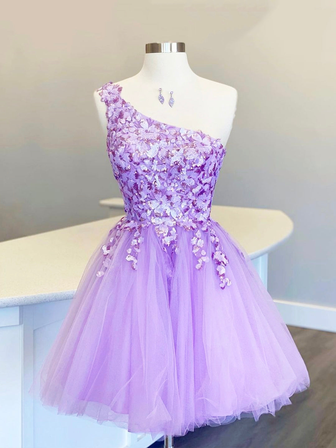 Bridesmaid Dresses With Lace, Cute Tulle Sequins Short Prom Dress, Purple One Shoulder Party Dress