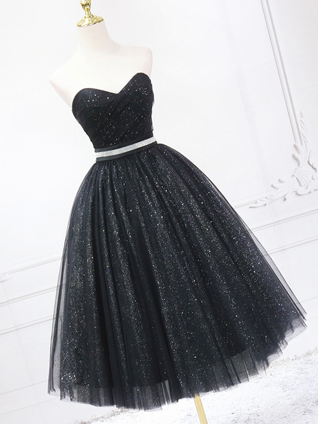 Prom Dresses Elegent, Black Shiny Tulle Tea Length Prom Dress, Black Strapless A-Line Party Dress