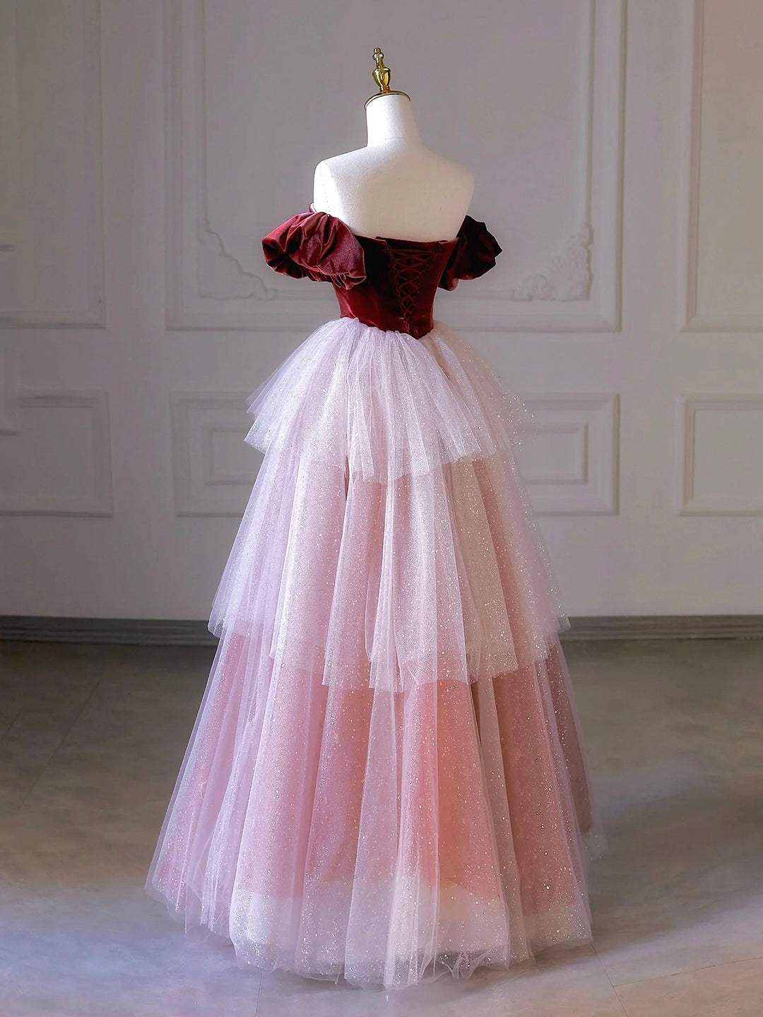 Party Dress Look, Burgundy Velvet and Layers Tulle Long Prom Dress, Off the Shoulder A-Line Evening Party Dress