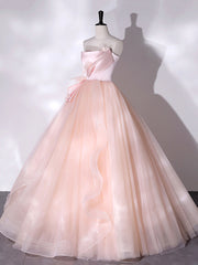 Prom Dresses Styles, Pink Strapless Tulle Long Formal Dress, Pink A-line Prom Dress with Feathers