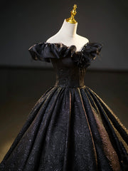 Festival Outfit, Black V-Neck Floor Length Formal Dress, A-Line Off the Shoulder Evening Party Dress