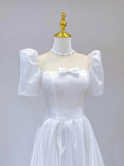 Formal Dress Attire, White Satin Short Sleeve Floor Length Prom Dress, White A-Line Party Dress