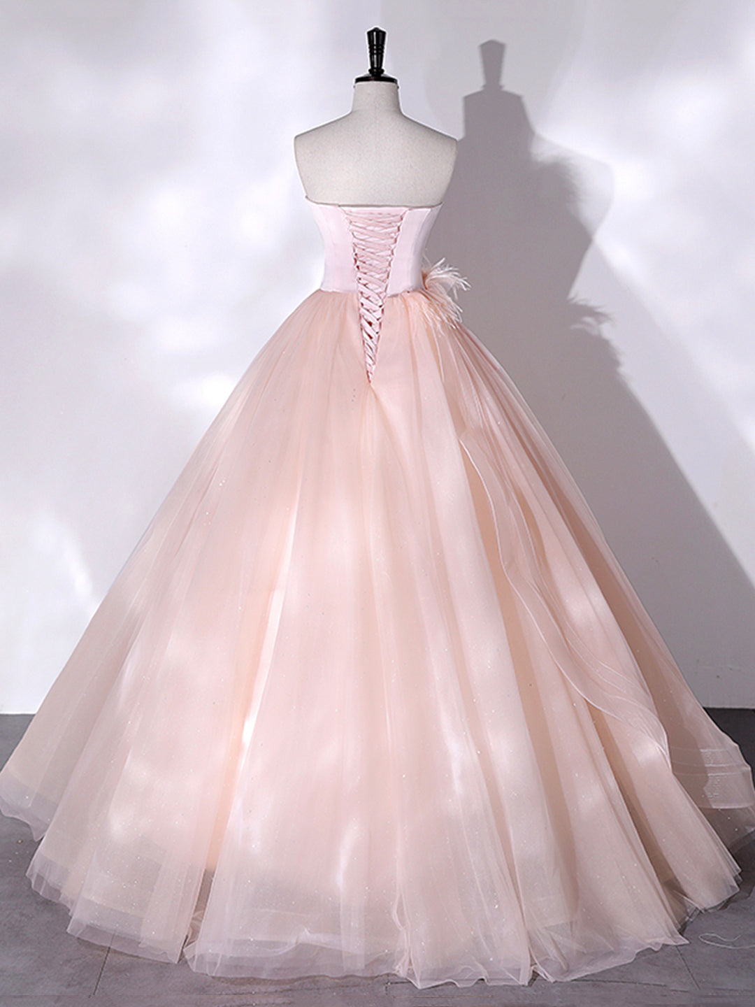 Prom Dresses On Sale, Pink Strapless Tulle Long Formal Dress, Pink A-line Prom Dress with Feathers