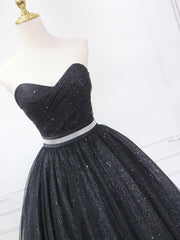 Prom Dress Elegent, Black Shiny Tulle Tea Length Prom Dress, Black Strapless A-Line Party Dress