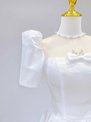 Formal Dress Store, White Satin Short Sleeve Floor Length Prom Dress, White A-Line Party Dress