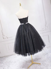 Prom Dress Shopping Near Me, Black Shiny Tulle Tea Length Prom Dress, Black Strapless A-Line Party Dress