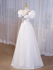 Bridesmaid Dresses Shop, Elegant White Tulle Appliques Long Prom Dress, White High Neck A-Line Evening Dress