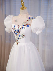 Bridesmaid Dresses Shops, Elegant White Tulle Appliques Long Prom Dress, White High Neck A-Line Evening Dress