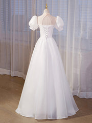 Bridesmaids Dresses Satin, Elegant White Tulle Appliques Long Prom Dress, White High Neck A-Line Evening Dress