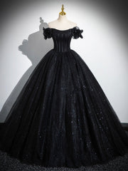 Formal Dresses Pink, Sparkly Tulle Black Sweetheart Ball Gown, A-Line Off the Shoulder Evening Dress