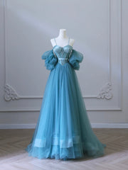 Bridesmaid Dress 2051, Fairy Blue Spaghetti Straps Corset Tulle Prom Dress, Detachable off Shoulder Party Dress