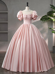 Prom Dress Aesthetic, Beautiful Pink Scoop Neck Satin Floor Length Prom Dress, A-Line Short Sleeve Evening Dress with Bow