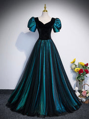 Formal Dresses Nearby, Unique Black Velvet and Tulle Long Prom Dress, A-Line Short Sleeve Evening Party Dress