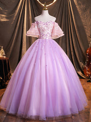 Evening Dresses 90028, Purple Tulle Sequins Long Prom Dress, A-Line Off the Shoulder Evening Party Dress