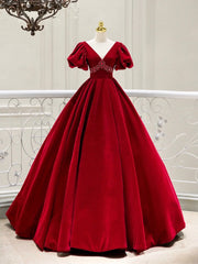 Party Dress Hair Style, Burgundy Velvet V-Neck Long Formal Dress, A-Line Short Sleeve Evening Party Dress
