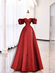 Party Outfit, Burgundy Satin Polka Dot Tulle Prom Dress, Lovely Floor Length Short Sleeve Evening Dress