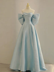 Wedding Flower, Charming Blue Satin Long Prom Dress with Big Bow, A-Line Sweetheart Neck Formal Dress