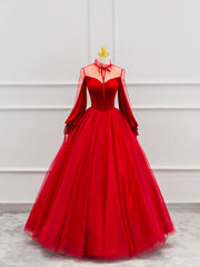 Dress Short, Red Velvet Tulle Floor Length Prom Dress, Beautiful Long Sleeve Evening Party Dress