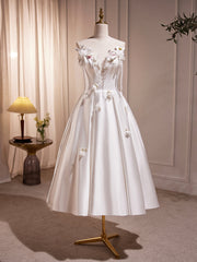 Formal Dress Gowns, White Spaghetti Strap Satin Short Prom Dress, White V-Neck Evening Party Dress