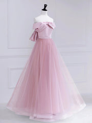 Prom Dress With Pockets, Pink Satin Tulle Long Prom Dress, Pink Off Shoulder Evening Dress