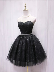 Prom Dresses Corset, Black Strapless Tulle Knee Length Prom Dress, Black A-Line Sweetheart Party Dress