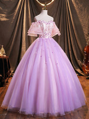 Evening Dress Gown, Purple Tulle Sequins Long Prom Dress, A-Line Off the Shoulder Evening Party Dress
