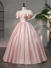Prom Dress Backless, Beautiful Pink Scoop Neck Satin Floor Length Prom Dress, A-Line Short Sleeve Evening Dress with Bow