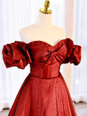 Party Dress For Girl, Burgundy Satin Polka Dot Tulle Prom Dress, Lovely Floor Length Short Sleeve Evening Dress