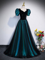 Formal Dress Prom, Unique Black Velvet and Tulle Long Prom Dress, A-Line Short Sleeve Evening Party Dress
