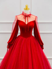 Dress Formal, Red Velvet Tulle Floor Length Prom Dress, Beautiful Long Sleeve Evening Party Dress