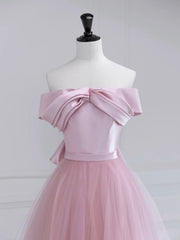Prom Dress Ball Gown, Pink Satin Tulle Long Prom Dress, Pink Off Shoulder Evening Dress