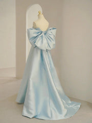 Fall Wedding, Charming Blue Satin Long Prom Dress with Big Bow, A-Line Sweetheart Neck Formal Dress