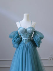 Bridesmaid Dress 2052, Fairy Blue Spaghetti Straps Corset Tulle Prom Dress, Detachable off Shoulder Party Dress