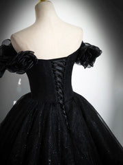 Formal Dress Elegant Classy, Sparkly Tulle Black Sweetheart Ball Gown, A-Line Off the Shoulder Evening Dress