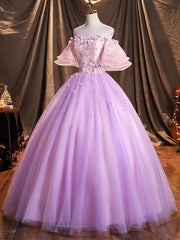Evening Dress Gowns, Purple Tulle Sequins Long Prom Dress, A-Line Off the Shoulder Evening Party Dress